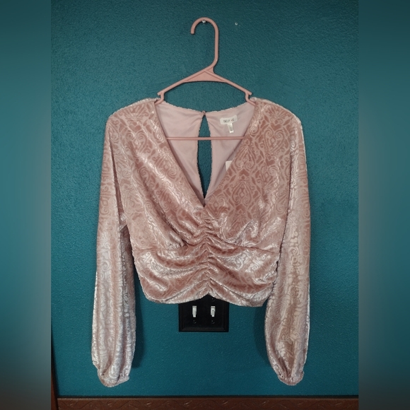 Self Esteem Tops - Y2K Self Esteem Fairy Barbie Dusty Baby Pink Velvet Open Back Scrunched Blouse